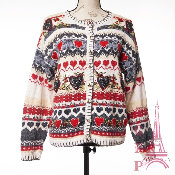 heirloom collectibles Sweaters - Heirloom Collectibles vintage hearts ugly Christmas chunky knit sweater cardigan